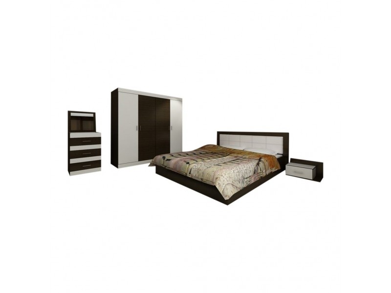 Set Mobila Dormitor Afrodita - Culoare Wenge-Alb - Pat 160x190 cm + Sifonier + Comoda + Noptiere