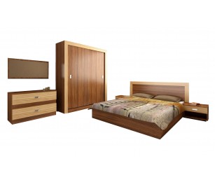 Set Mobila Dormitor Palermo - Culoare Nuc-Stejar - Pat 160x190 cm + Sifonier + Comoda + Oglinda + Noptiere