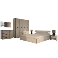 Set Mobila Dormitor Sani - Culoare Stejar-Negru - Pat 160x190 cm + Sifonier + Comoda + Oglinda + Noptiere
